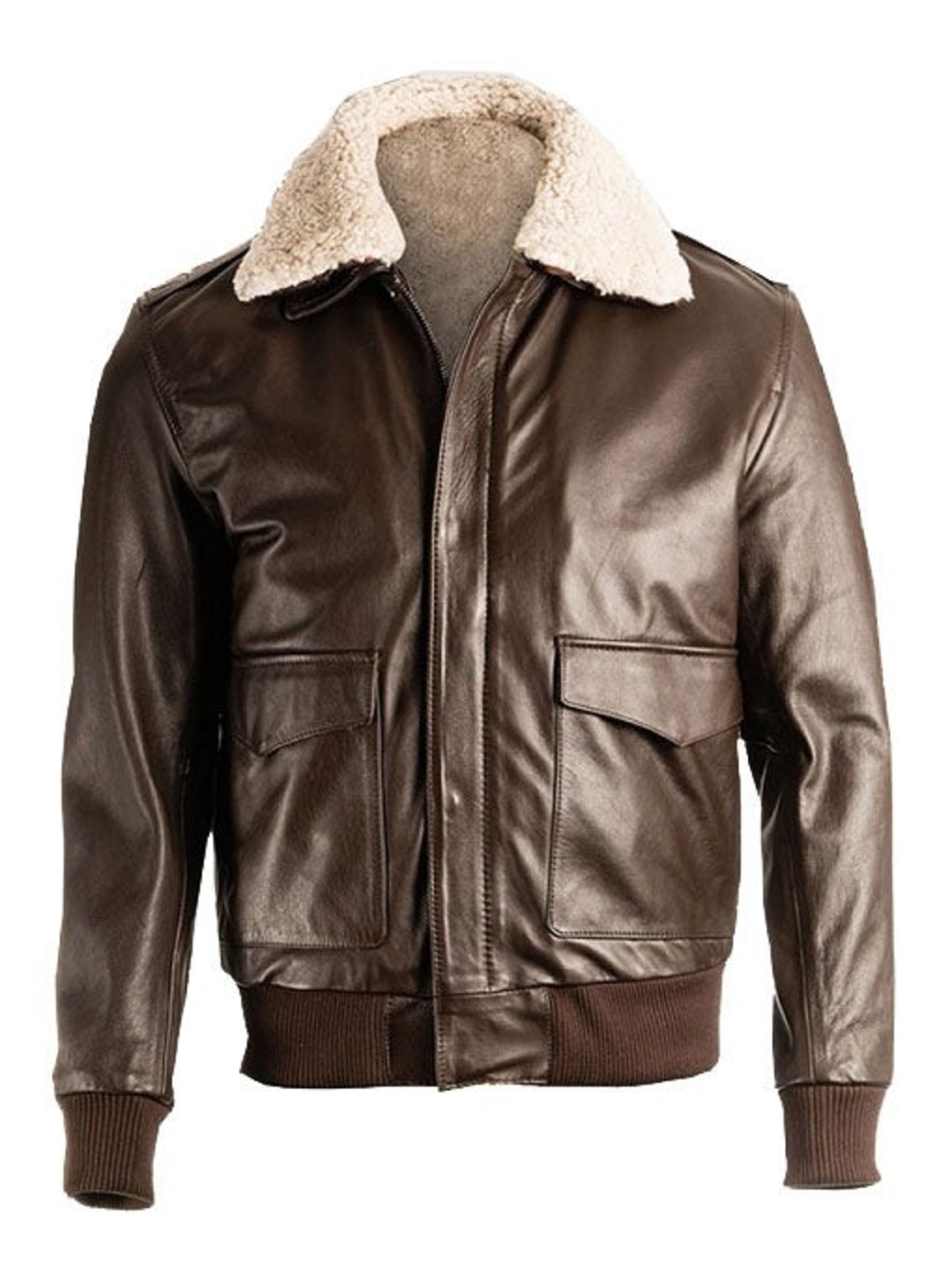 Men's Brown Leather Bomber Jacket with Shearling Collar
